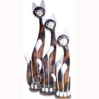 Wooden Cat Set Of 3 With Painted, Hand Carved From Albesia Wood