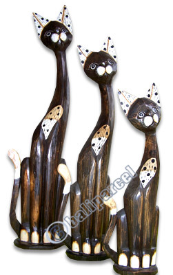 Wooden Cat Set Of 3 With Painted, Hand Carved From Albesia Wood