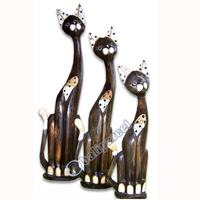 Wooden Cat Set Of 3 With Painted, Hand Carved From Albesia Wood