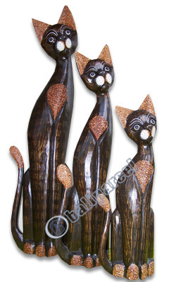 Wooden Cat Set Of 3 With Painted, Hand Carved From Albesia Wood