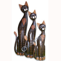 Wooden Cat Set Of 3 With Painted, Hand Carved From Albesia Wood