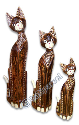 Wooden Cat Set Of 3 With Painted, Hand Carved From Albesia Wood