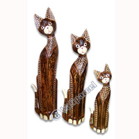 Wooden Cat Set Of 3 With Painted, Hand Carved From Albesia Wood