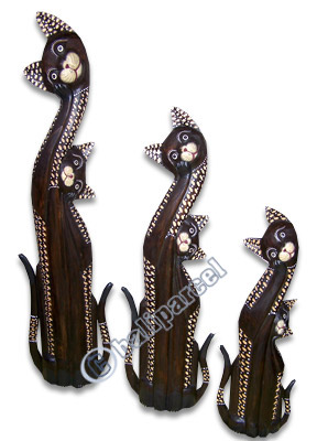 Wooden Cat Set Of 3 With Painted, Hand Carved From Albesia Wood