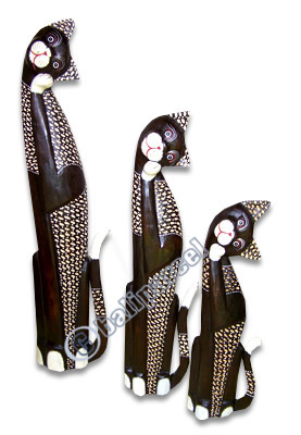 Wooden Cat Set Of 3 With Painted, Hand Carved From Albesia Wood
