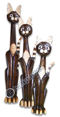 Wooden Cat Set Of 3 With Painted, Hand Carved From Albesia Wood