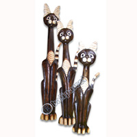 Wooden Cat Set Of 3 With Painted, Hand Carved From Albesia Wood