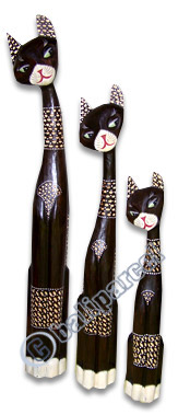 Wooden Cat Set Of 3 With Painted, Hand Carved From Albesia Wood
