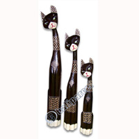 Wooden Cat Set Of 3 With Painted, Hand Carved From Albesia Wood