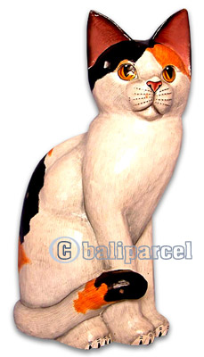 Wooden Cat With Painted, Hand Carved From Albesia Wood
