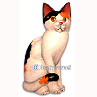 Wooden Cat With Painted, Hand Carved From Albesia Wood