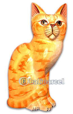 Wooden Cat With Painted, Hand Carved From Albesia Wood