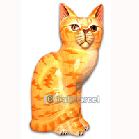 Wooden Cat With Painted, Hand Carved From Albesia Wood