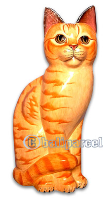 Wooden Cat With Painted, Hand Carved From Albesia Wood