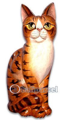 Wooden Cat With Painted, Hand Carved From Albesia Wood