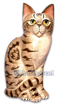 Wooden Cat With Painted, Hand Carved From Albesia Wood