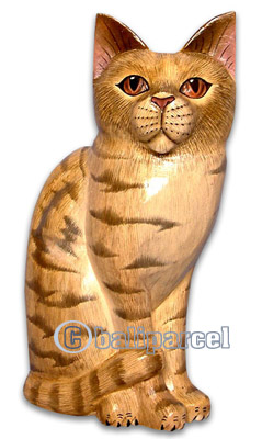 Wooden Cat With Painted, Hand Carved From Albesia Wood