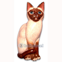 Wooden Cat With Painted, Hand Carved From Albesia Wood