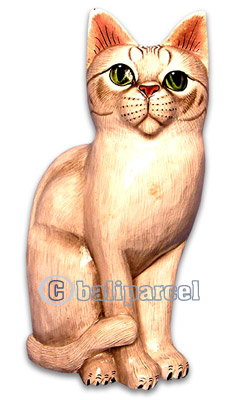 Wooden Cat With Painted, Hand Carved From Albesia Wood