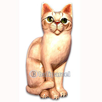 Wooden Cat With Painted, Hand Carved From Albesia Wood