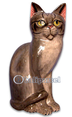 Wooden Cat With Painted, Hand Carved From Albesia Wood