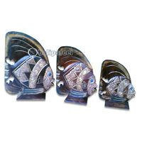 Tropical Fish Set Of 3 With Stand, Handcarved From Albesia Wood