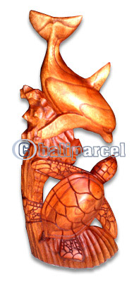 Wooden Turtle With Dolphin Carving, Hand Carved From Hibiscus Wood