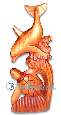Wooden Turtle With Dolphin Carving, Hand Carved From Hibiscus Wood