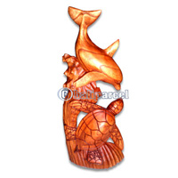 Wooden Turtle With Dolphin Carving, Hand Carved From Hibiscus Wood