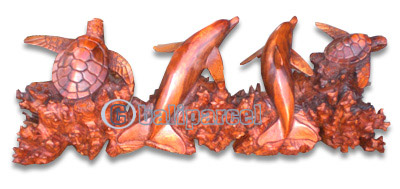 Wooden Turtle With Dolphin Carving, Hand Carved From Suar Wood