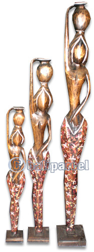 Women Statue Set Of 3, Handmade From Albesia Wood