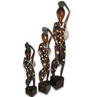 Women Statue Set Of 3, Handmade From Albesia Wood