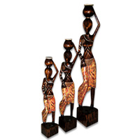 Women Statue Set Of 3, Handmade From Albesia Wood