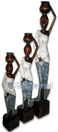 Women Statue Set Of 3, Handmade From Albesia Wood