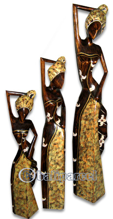 Women Statue Set Of 3, Handmade From Albesia Wood