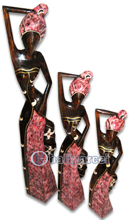 Women Statue Set Of 3, Handmade From Albesia Wood