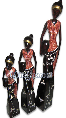Women Statue Set Of 3, Handmade From Albesia Wood