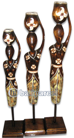 Women Stand Statue Set Of 3, Handmade From Albesia Wood
