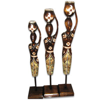 Women Stand Statue Set Of 3, Handmade From Albesia Wood