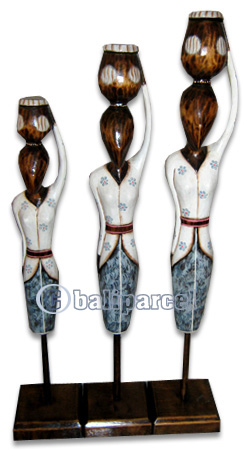 Women Stand Statue Set Of 3, Handmade From Albesia Wood