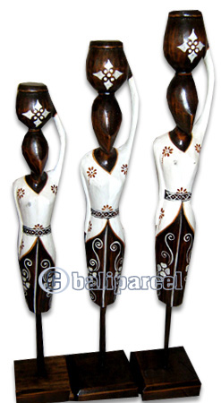 Women Stand Statue Set Of 3, Handmade From Albesia Wood