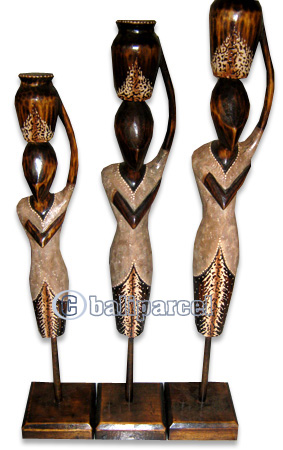 Women Stand Statue Set Of 3, Handmade From Albesia Wood