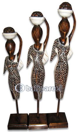 Women Stand Statue Set Of 3, Handmade From Albesia Wood