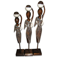 Women Stand Statue Set Of 3, Handmade From Albesia Wood