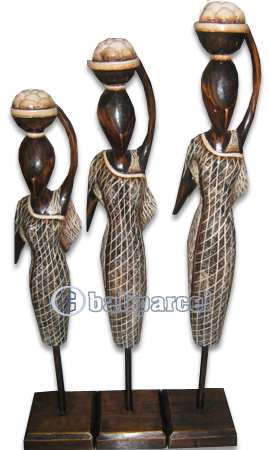 Women Stand Statue Set Of 3, Handmade From Albesia Wood