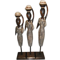 Women Stand Statue Set Of 3, Handmade From Albesia Wood