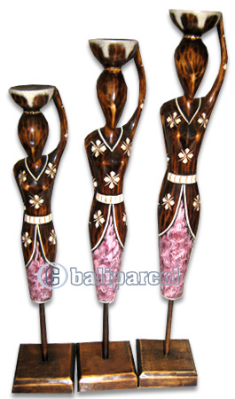 Women Stand Statue Set Of 3, Handmade From Albesia Wood