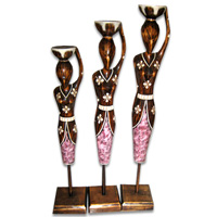 Women Stand Statue Set Of 3, Handmade From Albesia Wood