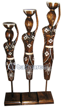 Women Stand Statue Set Of 3, Handmade From Albesia Wood
