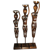 Women Stand Statue Set Of 3, Handmade From Albesia Wood
